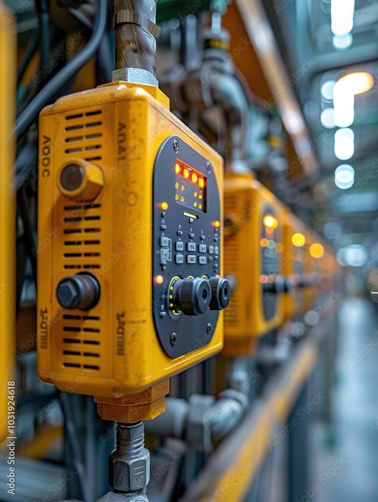 Poster industrial control panel with buttons and displays for machinery operation.