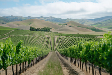 Fototapeta premium A vineyard with rows of grape vines and a mountain in the background
