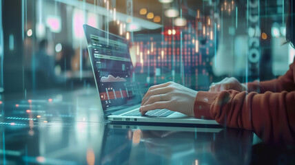 Person working on laptop with futuristic digital interface overlay