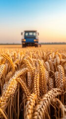 Golden wheat field with tractor at sunset