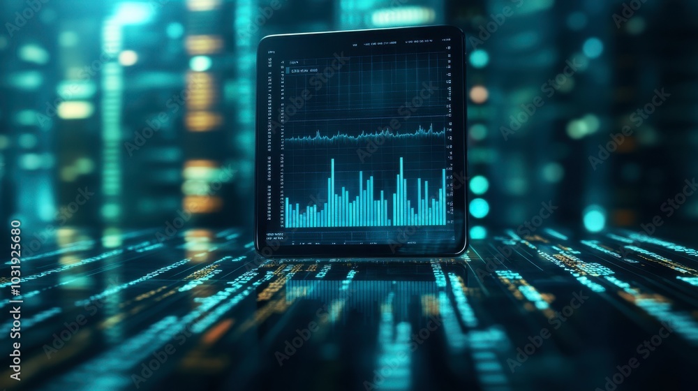 Poster digital analytics on tablet in futuristic setting