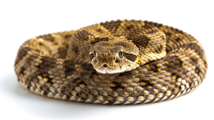 Naklejka premium Close-up of coiled rattlesnake with detailed scales on white background