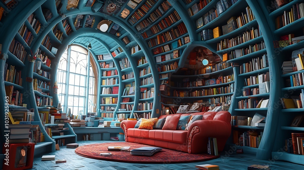 Poster creative 3d depiction for world book day featuring a whimsical library with floating books and a coz