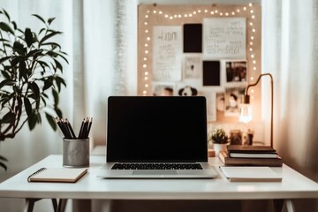 minimalist desk setup with a vision board in the background, displaying inspirational quotes, photos, and goals