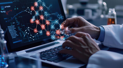A researcher interacts with a digital interface displaying molecular data and DNA structures on a laptop in a laboratory environment.