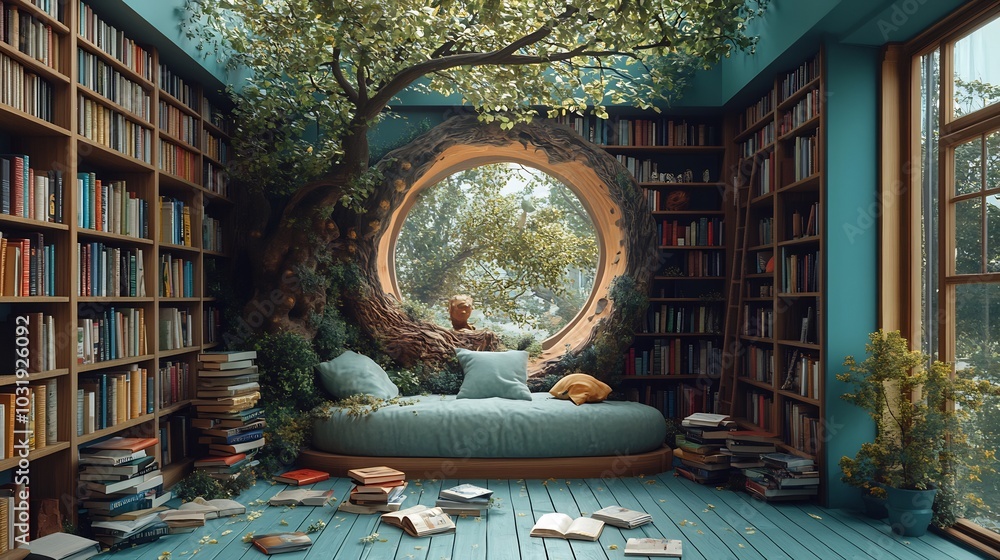 Poster creative 3d depiction for world book day featuring a whimsical library with floating books and a coz