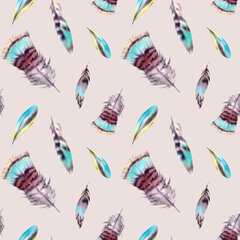 Fototapeta premium Seamless feather pattern. The illustration is hand-painted, executed in watercolor. A beautiful bright multicolored Phoenix bird feather on a beige background. Asian, Indian, Native American ornament