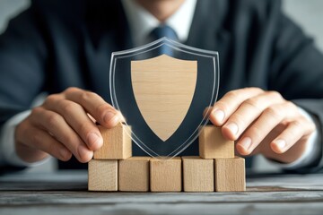 Businessman building a translucent shield around a stack wooden blocks, representing business investment fortification