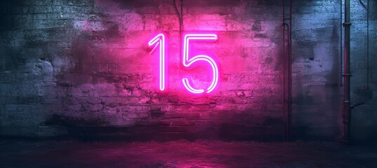 Glowing Neon Number 15 Sign on a Grunge Brick Wall, Ideal for Backgrounds, Rendered in 3D