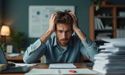 Business person put his head in his hands and massages his temples, suffering from headache, at table with pile of papers or documents. Concept of overwork, fatigue, lack of time and business problems