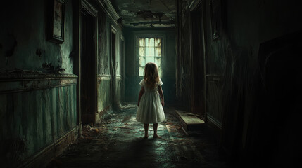 A ghostly little girl in a white dress, floating silently through the decaying halls of a haunted house, surrounded by cobwebs and dark corners.