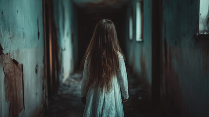 Obraz premium A long-haired female ghost walks down the hallway in the house.