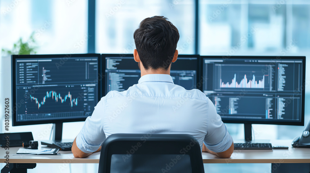 Poster person analyzing data on multiple screens.