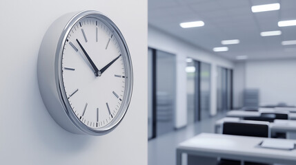 Wall clock in a bright, empty office with modern desks and overhead lighting