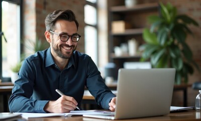 Smiling bussiness man wearing glasses works in the office with laptop