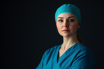 A woman in a blue scrubs with a blue cap and a blue bandana