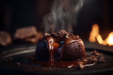 Melted Chocolate lava cake on dark background commercial advertising photo