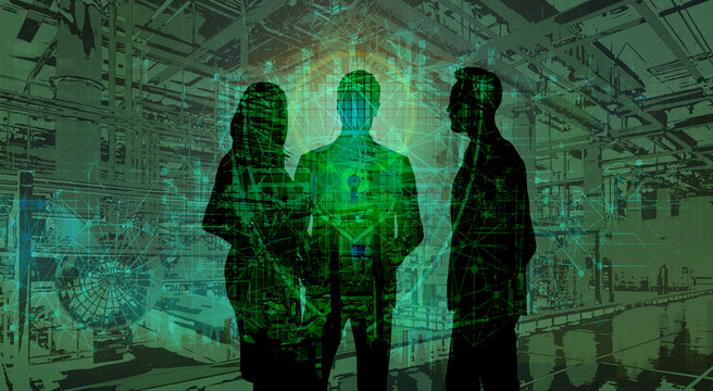 Silhouette Team mit 3 Personen - Industrie Technologie - Schutz und Sicherheit vor Angriffen auf industrielle Netze und Systeme - Task Force