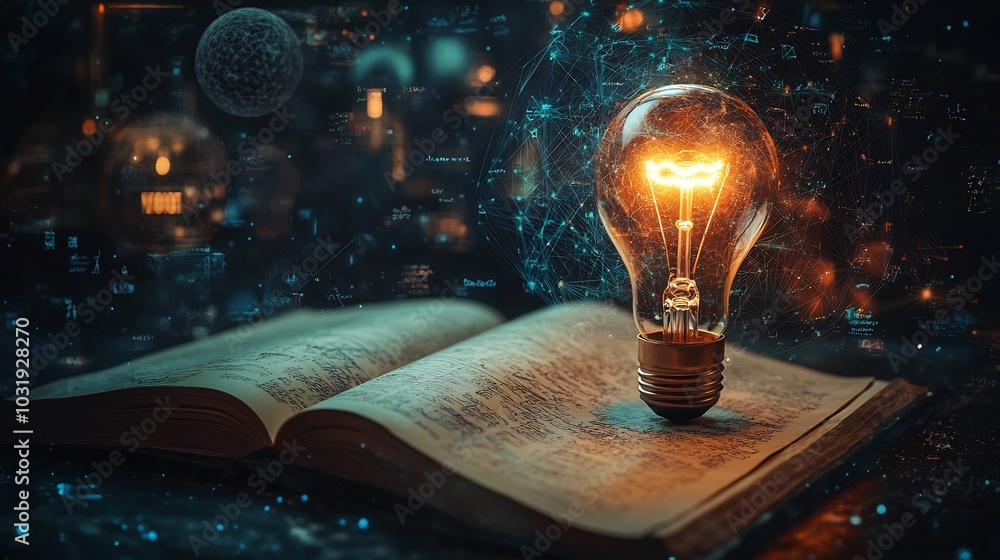 Poster creative concept design world intellectual property day showing light bulb sitting on an open book w