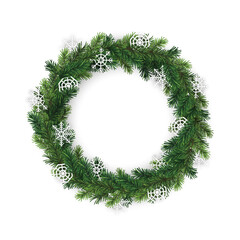 Christmas branch decorative wreath with white paper snowflakes on transparent background