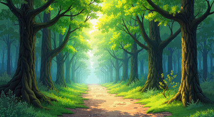 Fantasy forest path with lush greenery and sunlight filtering through the trees