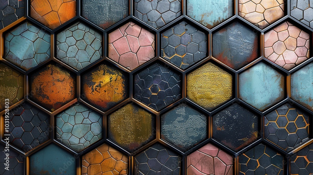 Poster A close-up of hexagonal tiles with varied colors and textures, creating a decorative pattern.