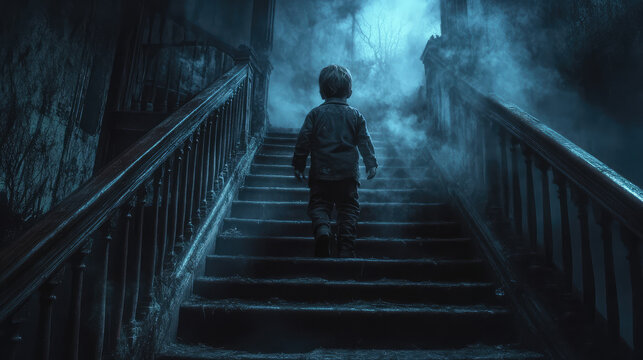 A frightening ghostly child with pale skin and a vacant stare, standing at the top of a dark staircase in an old haunted house, the air thick with an unnatural chill.