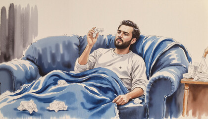 Fototapeta premium Sick man sitting on blue couch wrapped in blanket, holding crumpled tissue with tired expression 