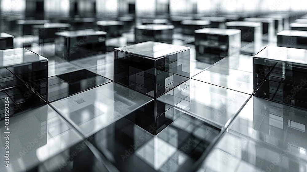 Poster a close-up view of transparent and reflective cubes arranged in a grid pattern.