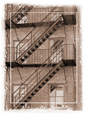 An illustration of a polaroid transfer print from thee 1970's . Fire escape, New York 