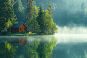 Fototapeta premium A cabin is sitting on a lake with trees in the background