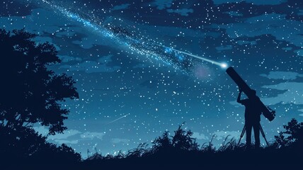 Stargazing adventure under night sky with telescope in tranquil nature setting