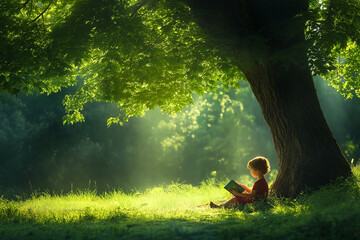 A young girl is sitting under a tree reading a book