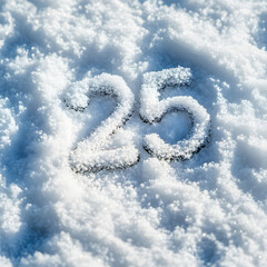 Fototapeta premium Top view on 2025 hand written on the snow. Winter landscape greeting card.