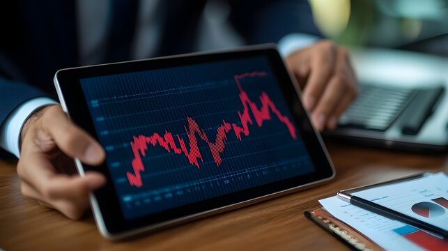 Tablet Displaying Downward Financial Graph Held by Businessman Reflecting Economic Crisis and Investor Anxiety