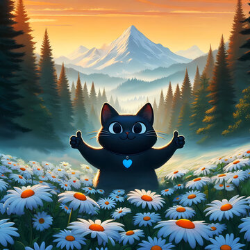 Cute black cat with opene arms on a white daisy meadow in  apine valeey wearing a blue heart necklace cartoon