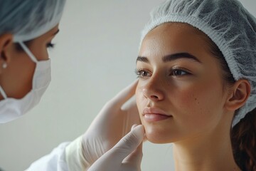 Plastic surgery and beauty concept. Profile shot of woman consulting before rhinoplasty operation, surgeon touching woman nose, white background, side, Generative AI