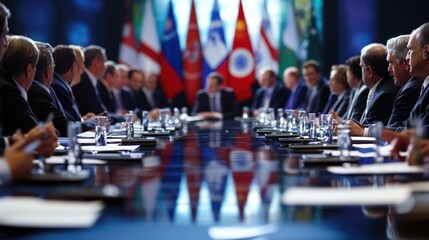 Obraz premium A global business meeting where CEOs of multinational companies discuss corporate strategies and their impact on global trade relations