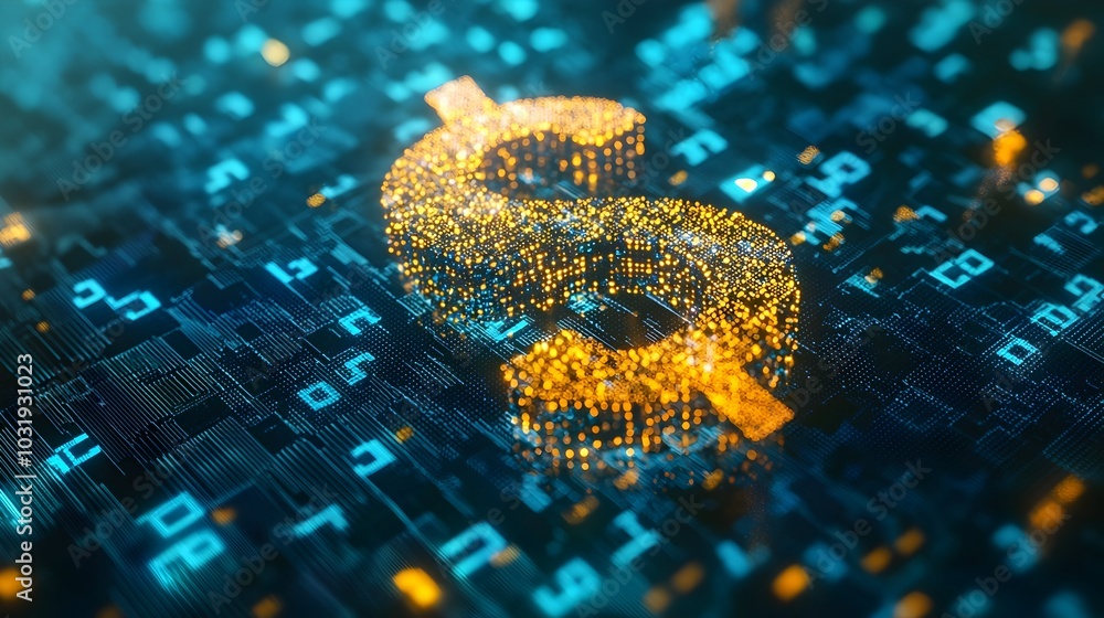 Poster fluctuating digital dollar sign with shifting percentages and numbers currency exchange rate volatil