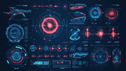 Fototapeta premium Futuristic hud design elements for space ship, drone, or radar interface. Can be used to display virtual reality view in technology monitoring applications. Vector illustration. 