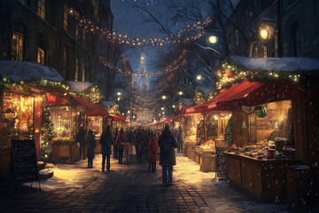 A busy street with people walking and a Christmas tree in the background