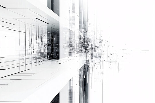 Minimalist abstract architectural design with linear and geometric elements in a white monochromatic setting
