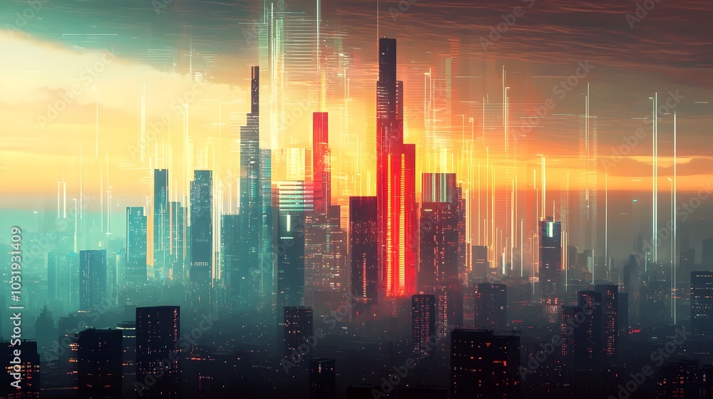 Aufkleber futuristic cityscape with energy consumption visualized as floating bar graph above skyline