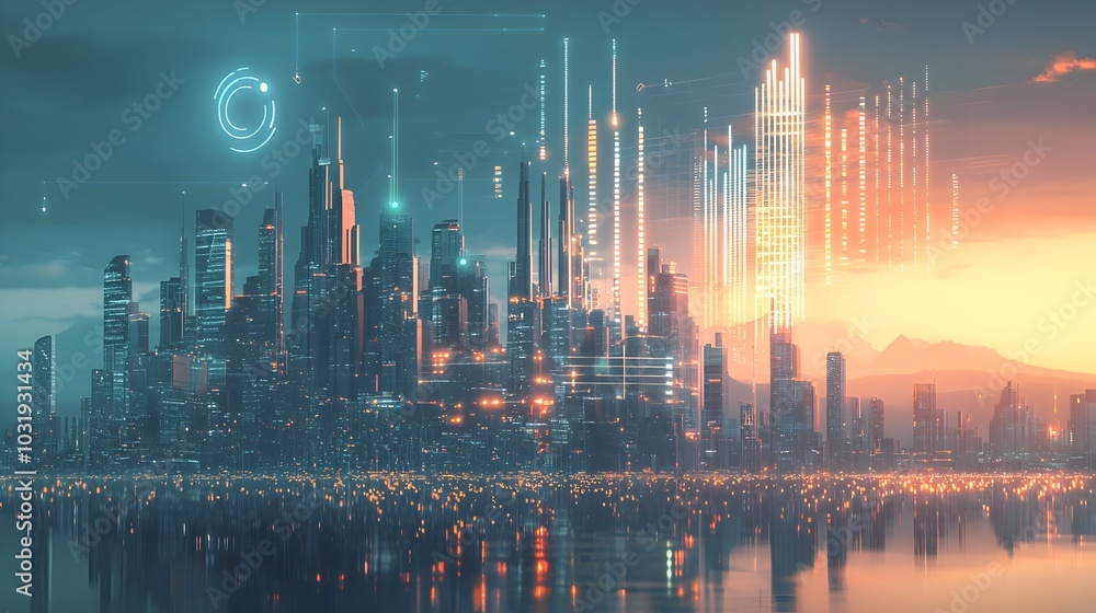 Aufkleber futuristic cityscape with energy efficiency visualized as floating bar graph over skyline