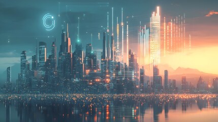 Futuristic Cityscape with Energy Efficiency Visualized as Floating Bar Graph Over Skyline
