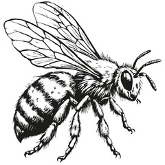 Obraz premium A black and white drawing of a bee. The bee is standing on its hind legs and has its wings spread out. The drawing has a simple and clean look to it, with the focus on the bee's form and details