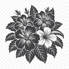 Floral Bunch with Hibiscus Silhouette Vector Illustration of Tropical Flower Art in Black and White Style