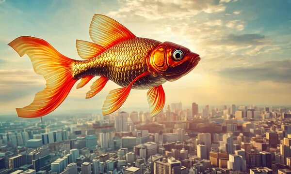 A golden fish swims through the sky above a city skyline.