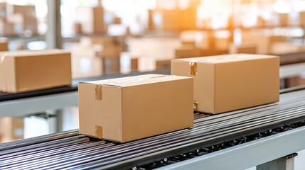 Packages moving on a conveyor belt inside a distribution center.