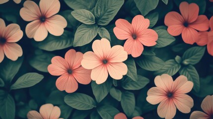 Fototapeta premium Soft pastel flowers blooming amidst lush green leaves